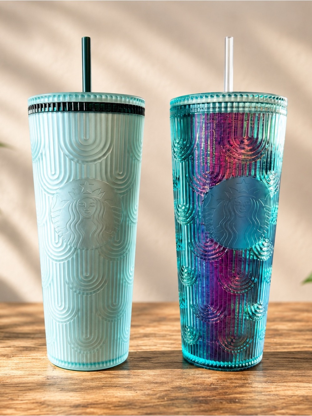 Starbucks Acrylic Cold Cups Lot Blue Mermaid Matte & Iridescent Grid Tumblers